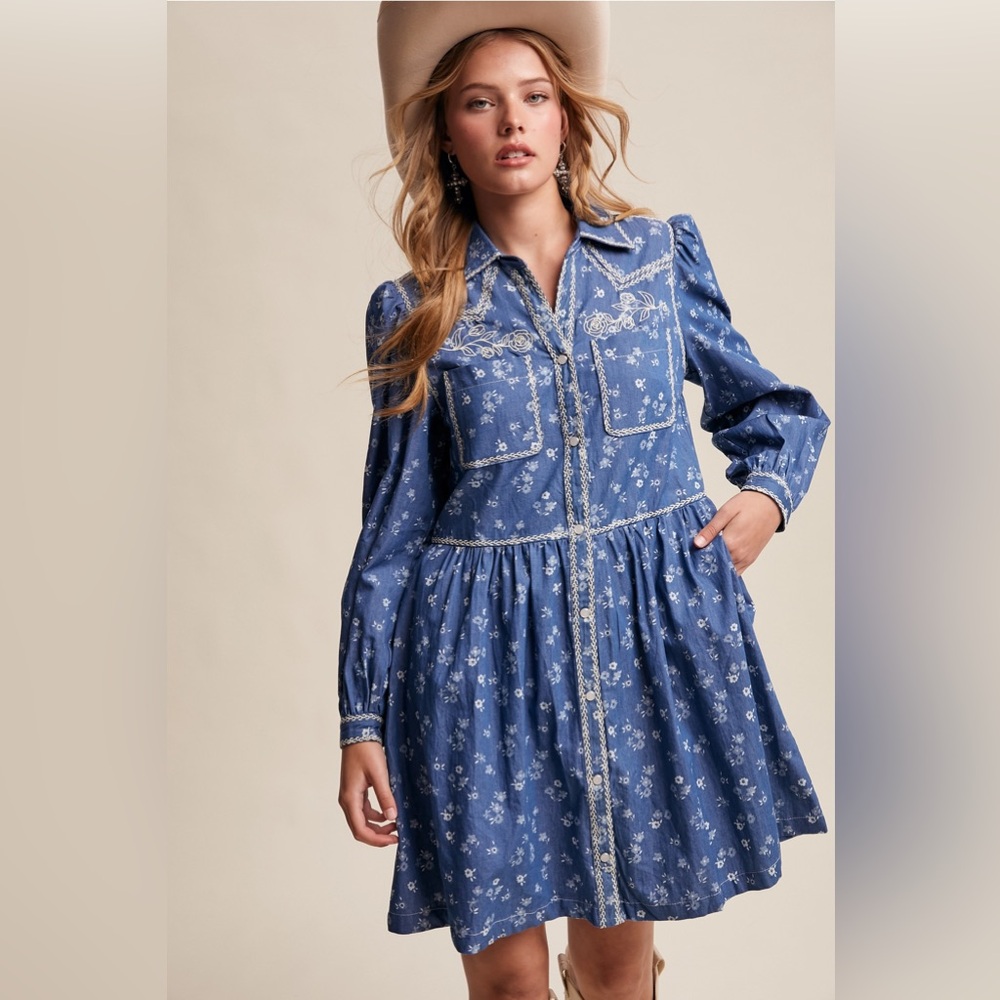 Embroidered Western Floral Shirt Dress | Dark Denim - Picture 9 of 12